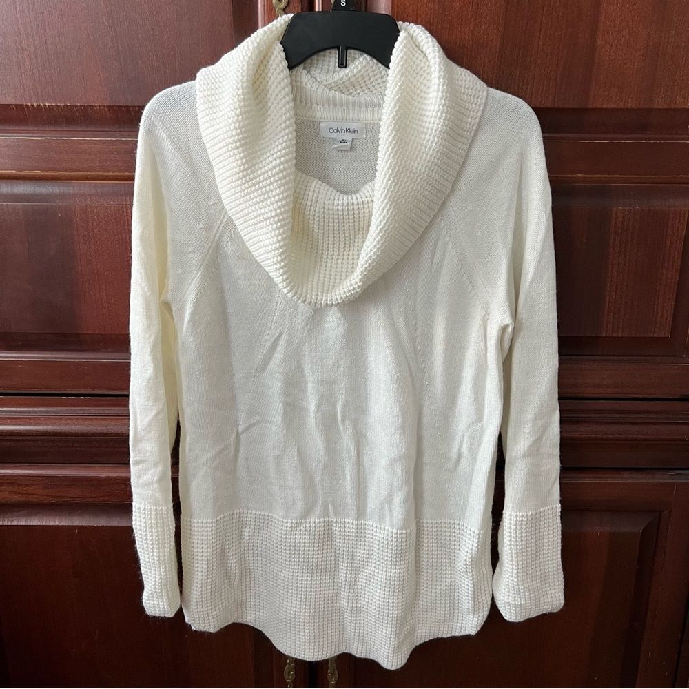 Calvin Klein Off-White Cowl Neck Classic Winter Knit Long Sleeve Sweater M